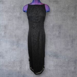 Vintage Y2K Alyn Paige Black Flocked Glitter High Neck Maxi‎ Dress Size Small